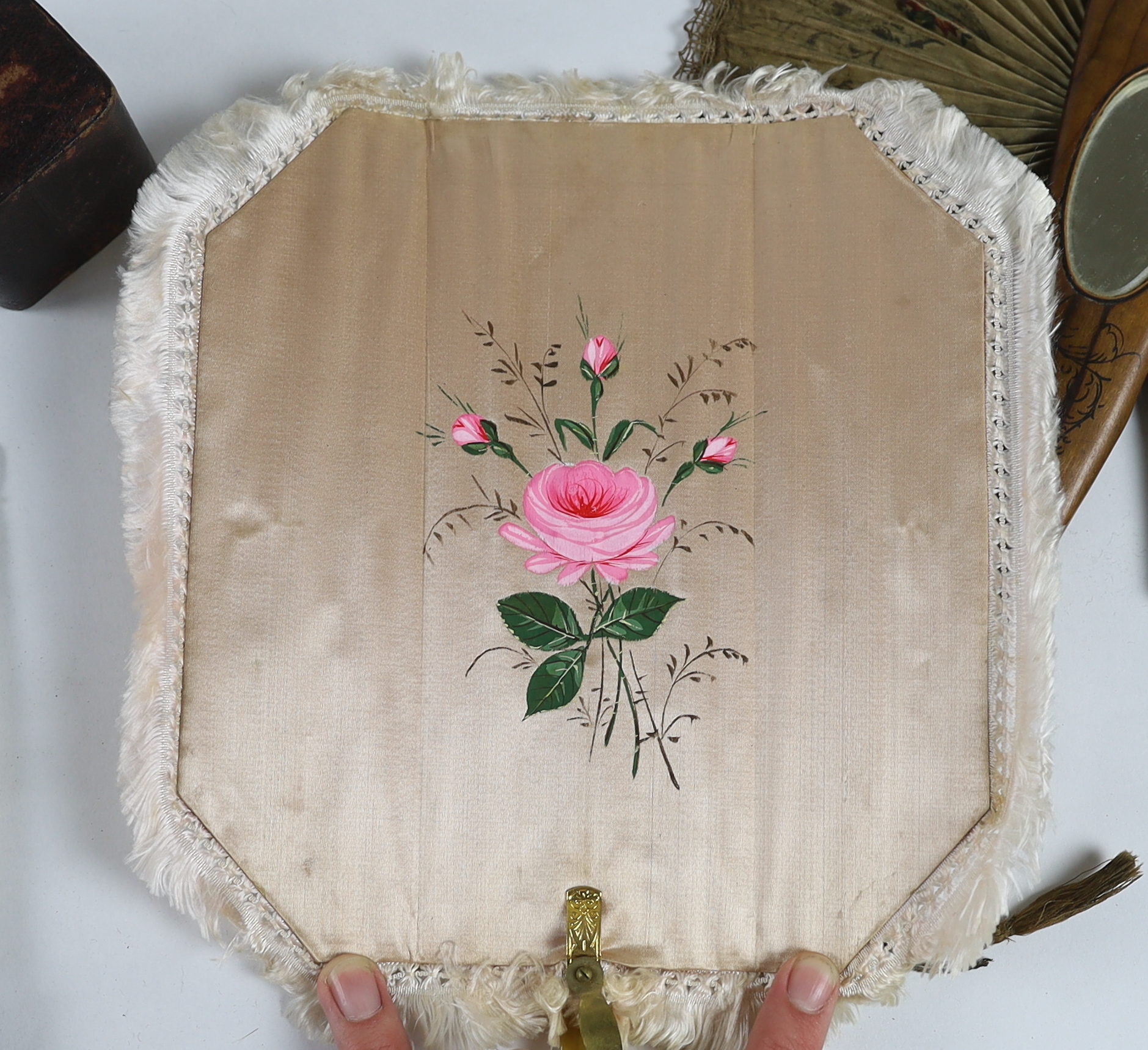 Six Edwardian novelty and unusual fans, some possibly bought during a Grand Tour.